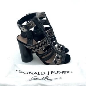 Donald J Pliner Bindy Block Cage Heels Gladiator Strappy Studded Metallic 9